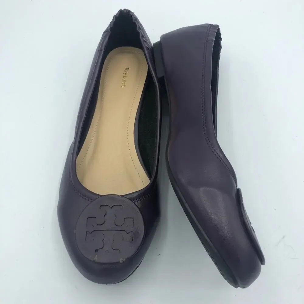 Tory Burch Minnie Purple Leather Ballet Flats Womens 5 Comfort Slip On